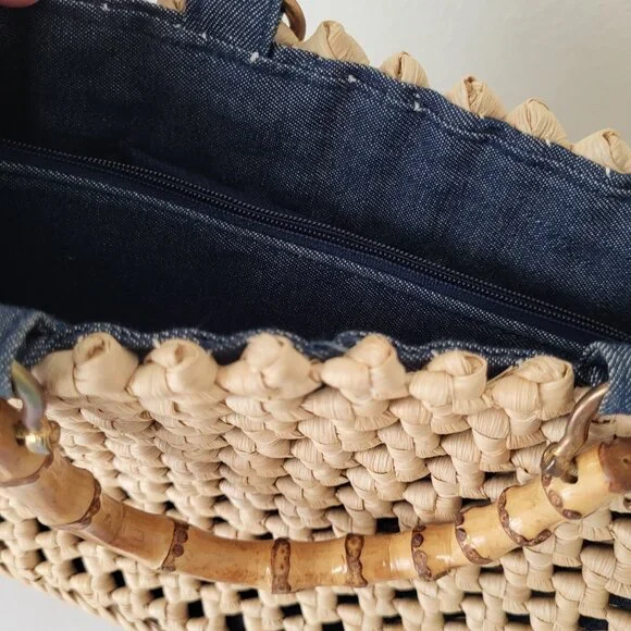 Vintage Raffia Woven Handbag Denim Lining Bamboo Handles - Picture 9 of 10
